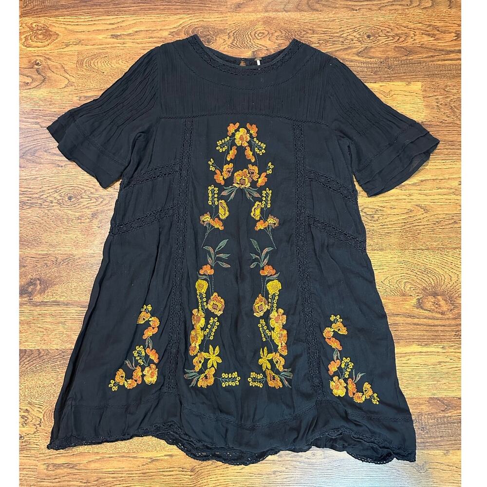 Free People Perfectly Victorian Embroidered Cotton Mini Dress Size Large Black